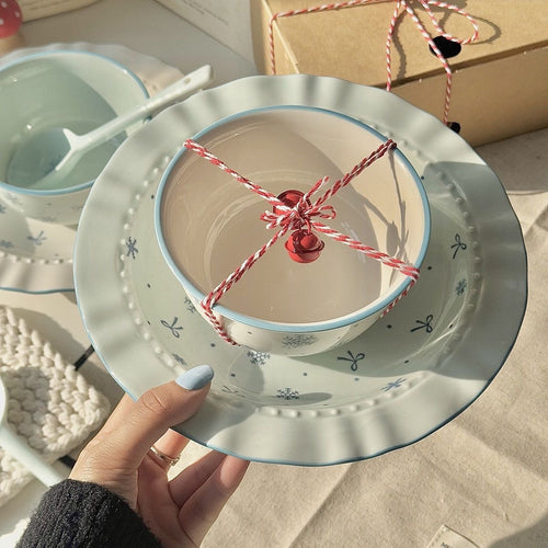 Bibo Winter Snowflake & Bow Ceramic Tableware Set | Cute Blue Scalloped Rim Bowl Plate Spoon Gift Set
