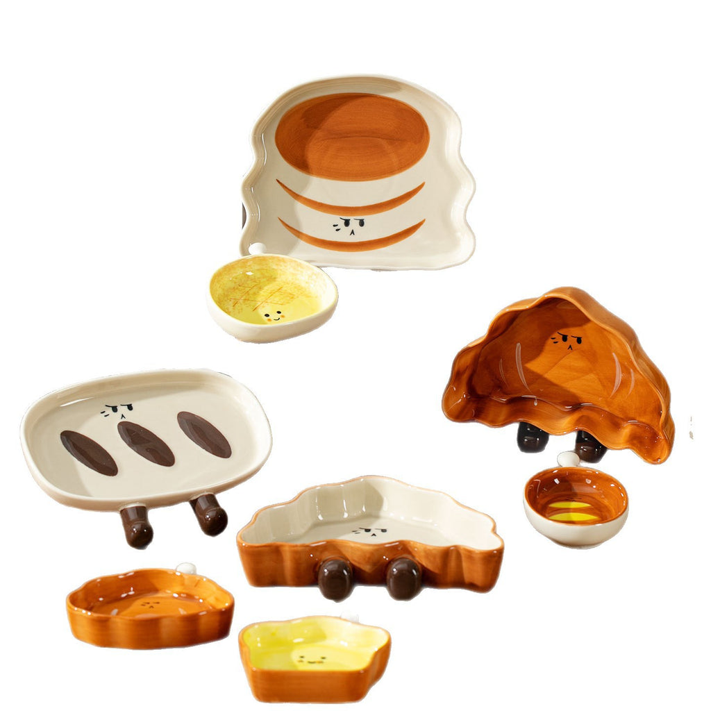 Cute Bread‑Shaped Ceramic Plate Set | 3D Cartoon Toast Design Dishes with Sauce Bowl for Dessert & Snack Serving