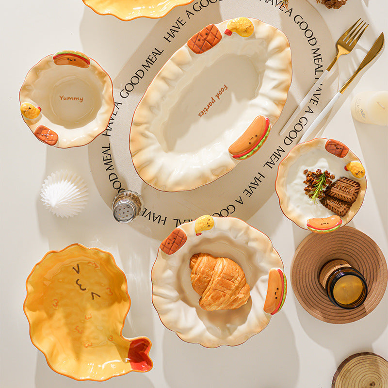 Cute Fast Food 3D Relief Ceramic Tableware Set | Hot Dog Fried Chicken Shaped Bowl Plate Spoon Dinnerware Gift Set