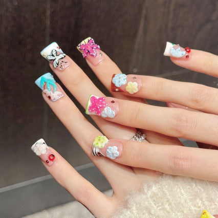 Cute 3D Butterfly Flower Press On Nails | Pink Short Square False Nails