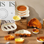 Cute Bread‑Shaped Ceramic Plate Set | 3D Cartoon Toast Design Dishes with Sauce Bowl for Dessert & Snack Serving