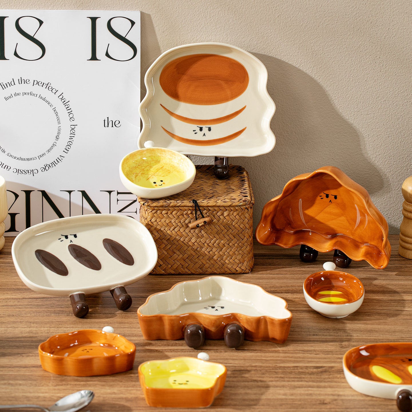 Cute Bread‑Shaped Ceramic Plate Set | 3D Cartoon Toast Design Dishes with Sauce Bowl for Dessert & Snack Serving