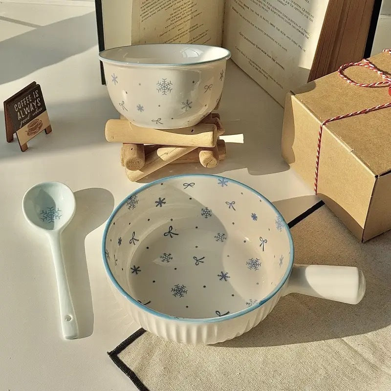 Bibo Winter Snowflake & Bow Ceramic Tableware Set | Cute Blue Scalloped Rim Bowl Plate Spoon Gift Set