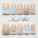 Soft Blue French Tip Press On Nails | 3D Flower Rhinestone False Nails
