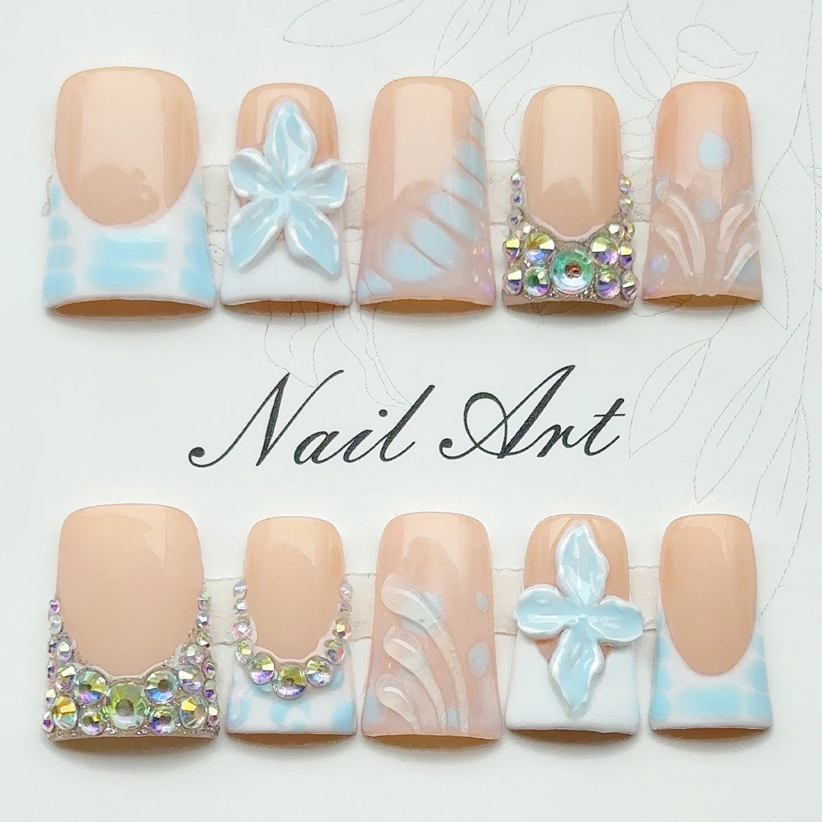 Soft Blue French Tip Press On Nails | 3D Flower Rhinestone False Nails