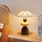 Mid-Century Wooden Table Lamp - Handcrafted Stacked Base with Linen Scalloped Shade