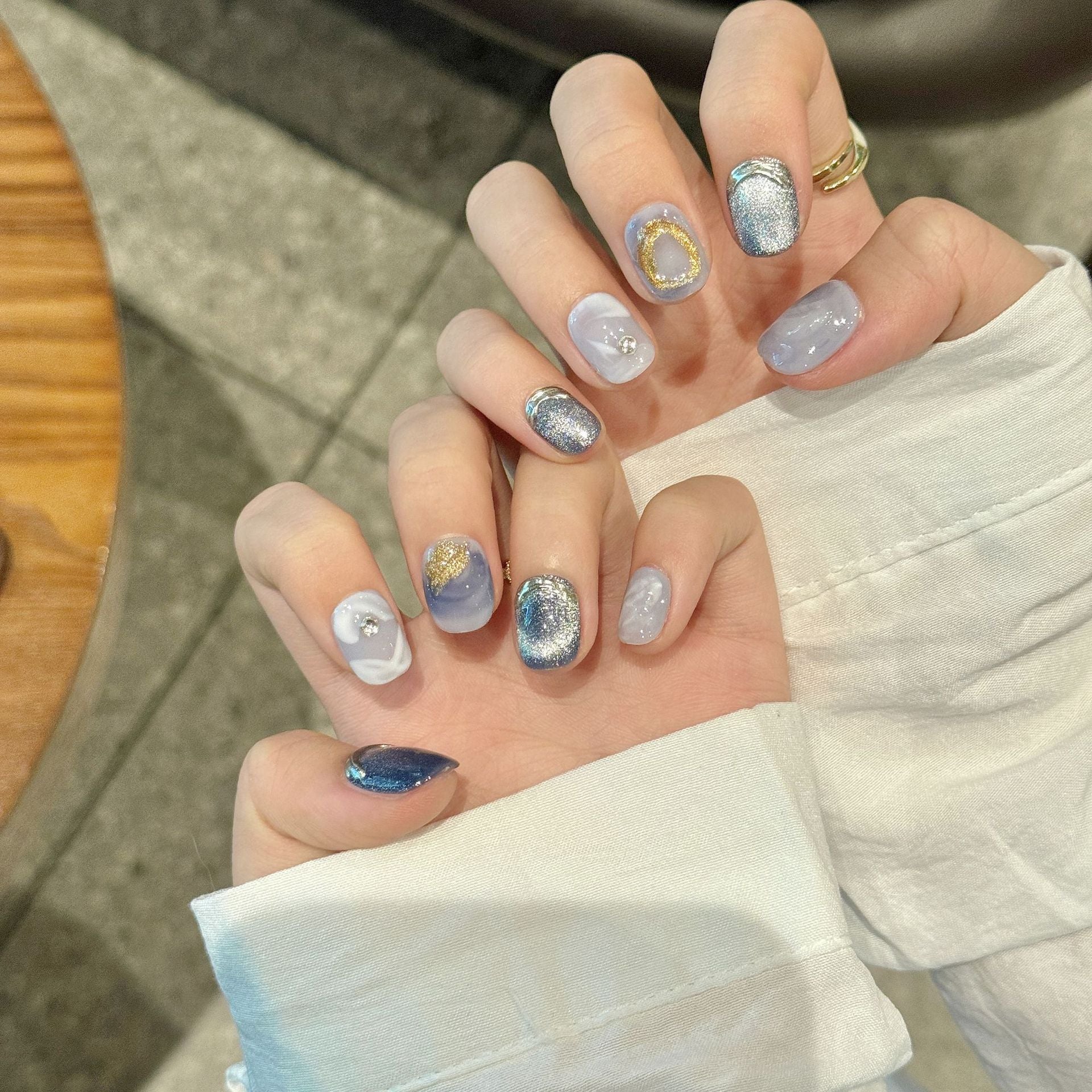 Chic Blue Cat Eye Press On Nails | Marble Gold Silver Short False Nails