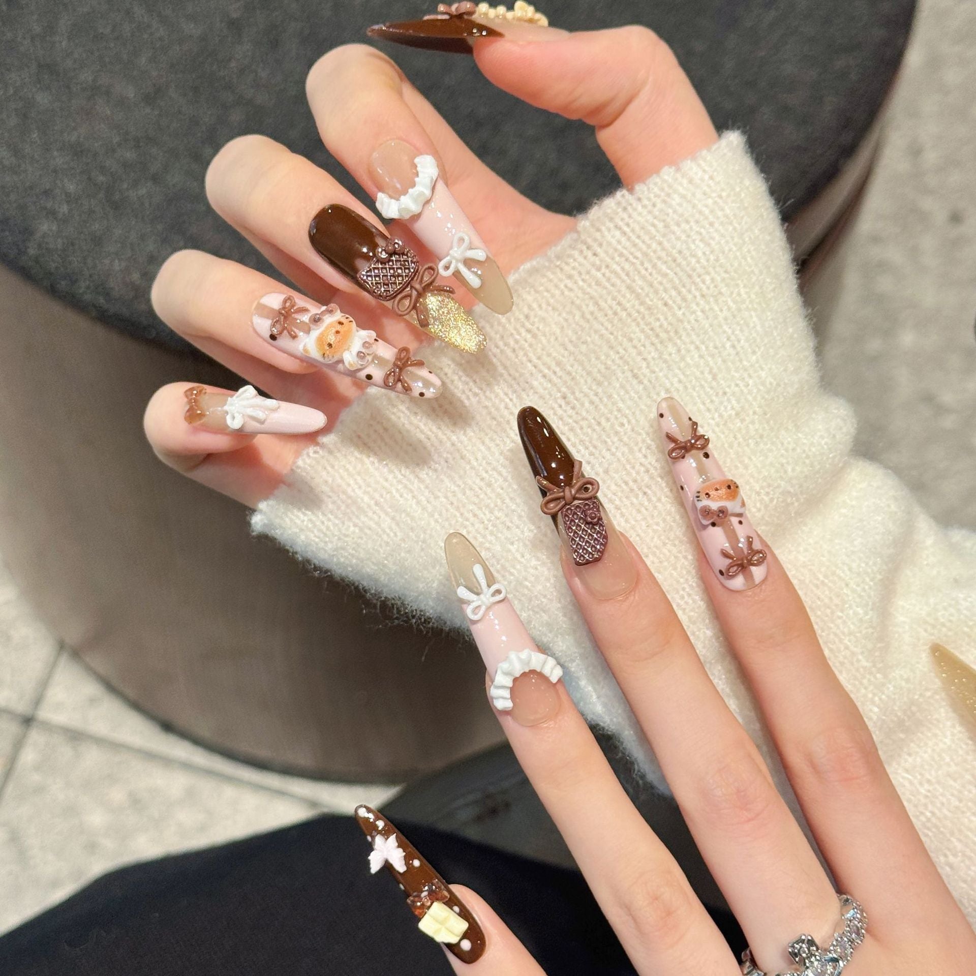 Cute 3D Kitty Bow Press On Nails | Brown Latte Long Almond False Nails