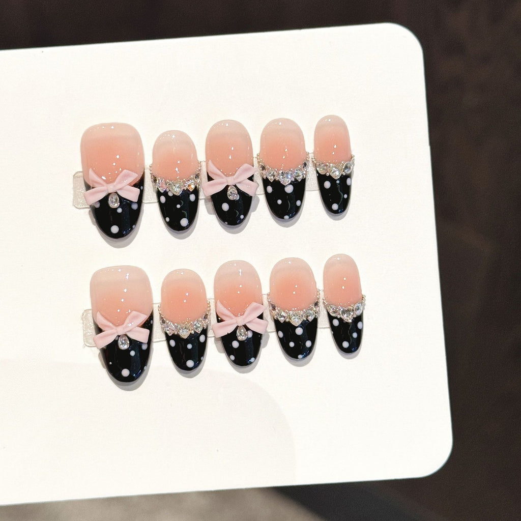 Retro Polka Dot Press On Nails | Pink Bow Rhinestone Long Oval False Nails