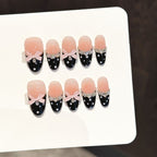Retro Polka Dot Press On Nails | Pink Bow Rhinestone Long Oval False Nails