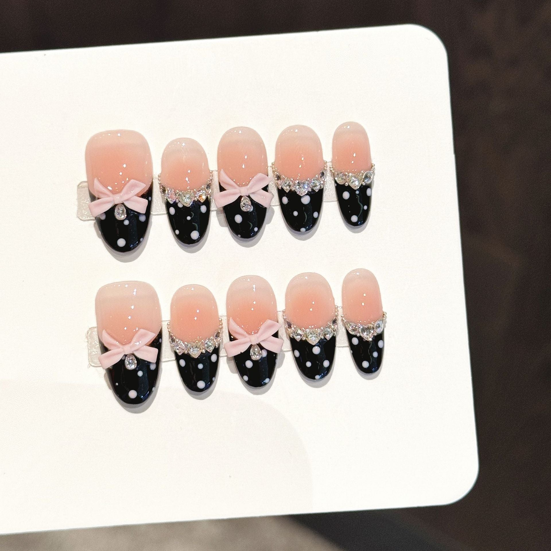 Retro Polka Dot Press On Nails | Pink Bow Rhinestone Long Oval False Nails