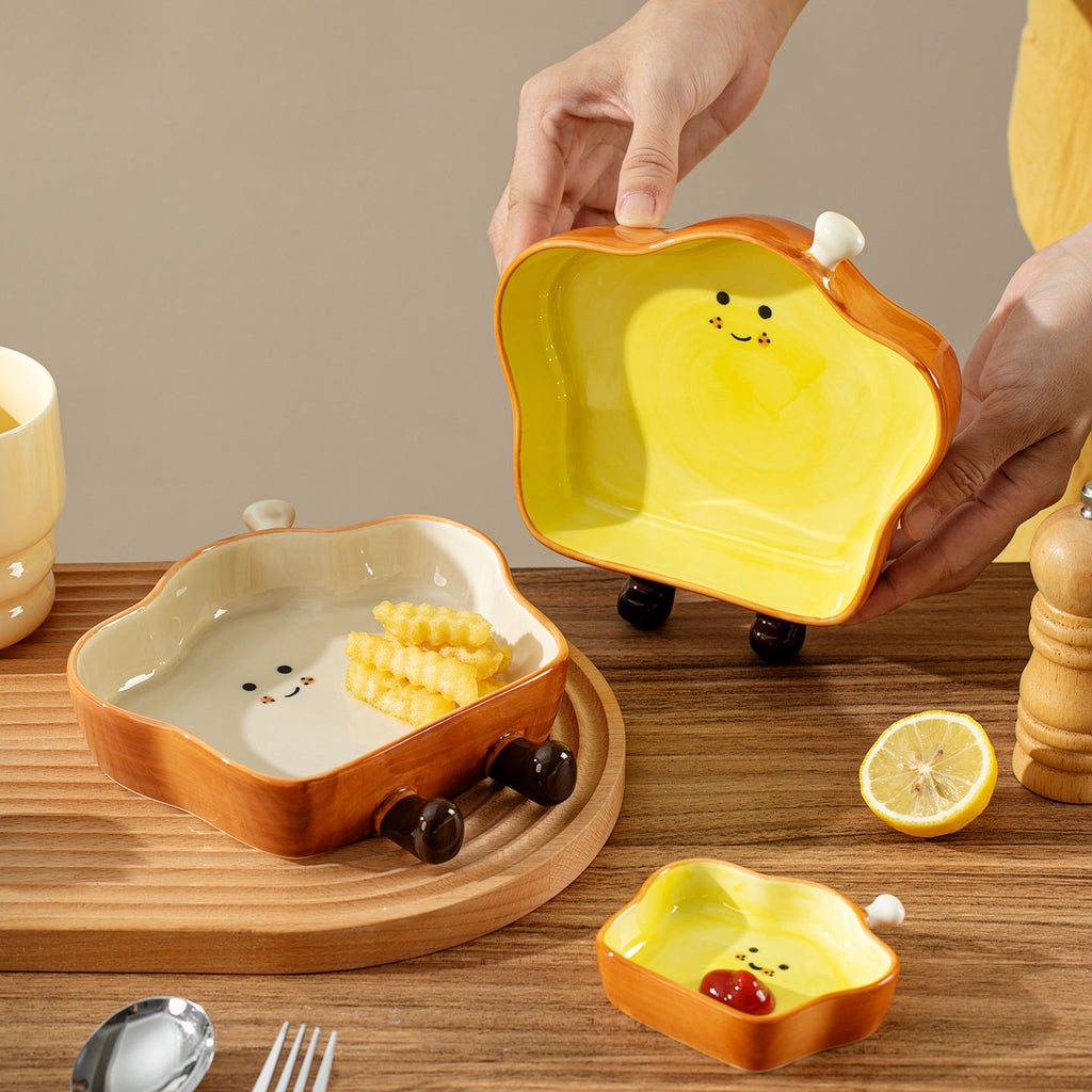 Cute Bread‑Shaped Ceramic Plate Set | 3D Cartoon Toast Design Dishes with Sauce Bowl for Dessert & Snack Serving