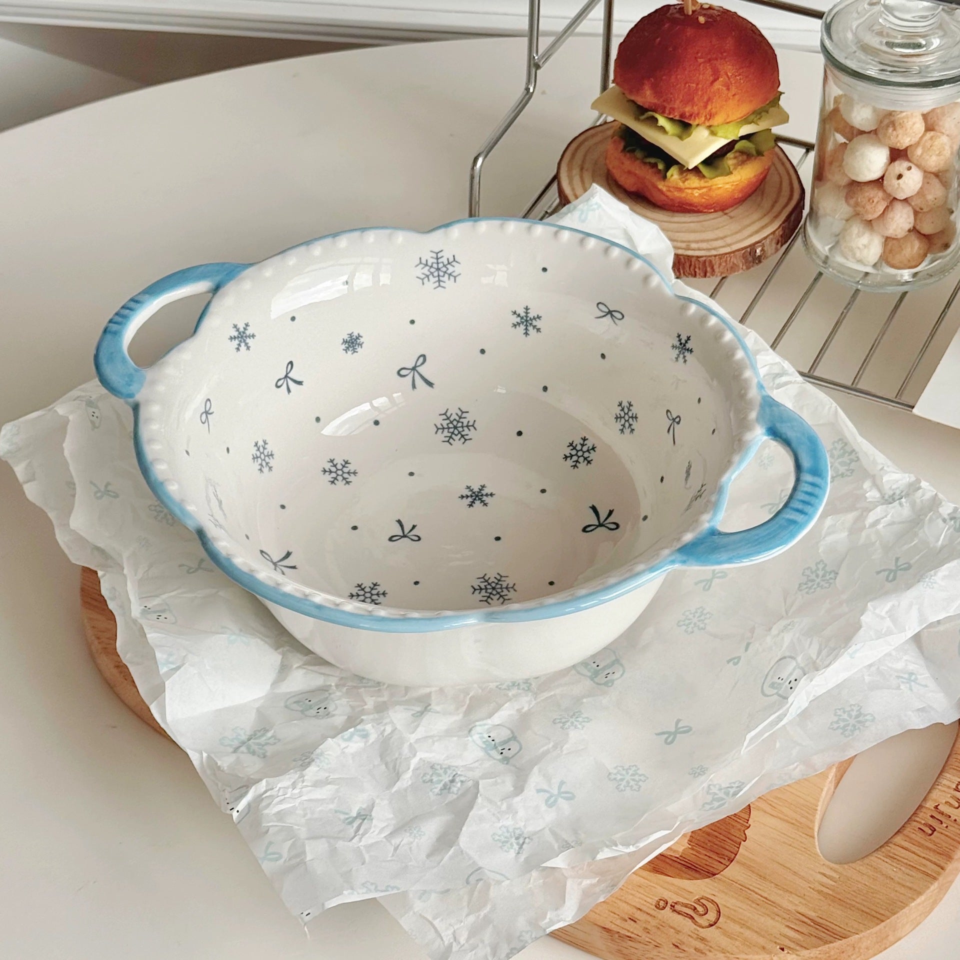 Bibo Winter Snowflake & Bow Ceramic Tableware Set | Cute Blue Scalloped Rim Bowl Plate Spoon Gift Set