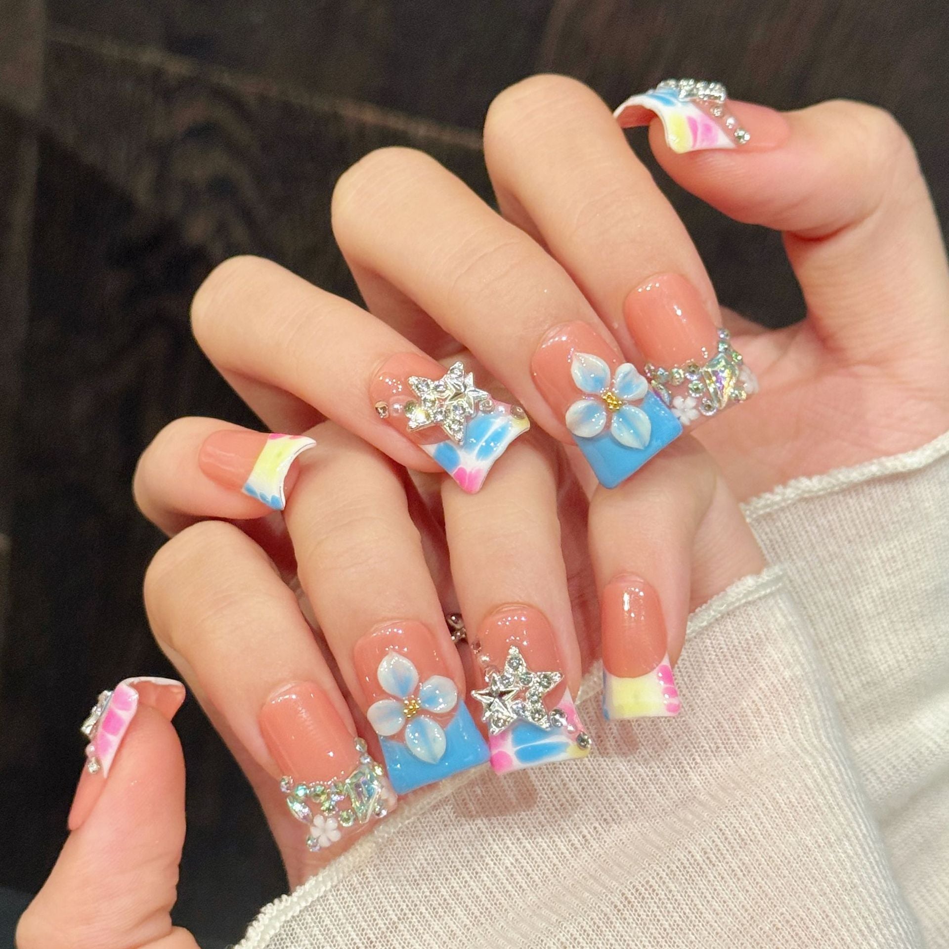 Y2K 3D Flower Star Press On Nails | Colorful French Tip False Nails