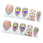 Luxury AB Rhinestone French Tip Press On Nails | Nude 3D Flower False Nails