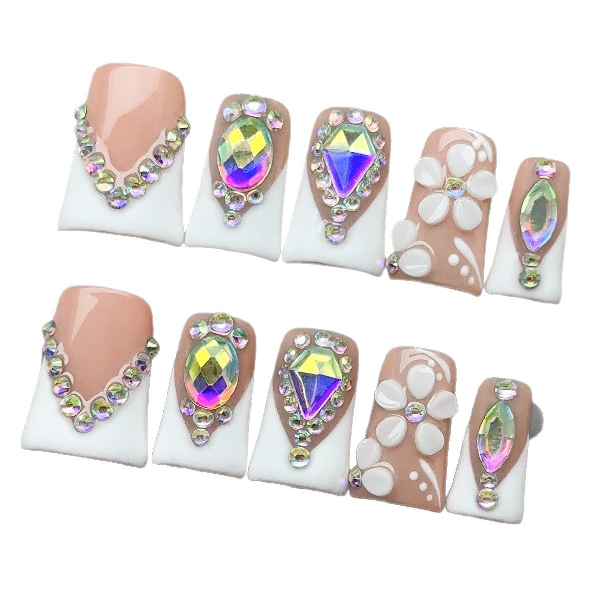 Luxury AB Rhinestone French Tip Press On Nails | Nude 3D Flower False Nails
