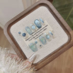 Ocean Blue Cat Eye Press On Nails | 3D Crystal Pearl False Nails