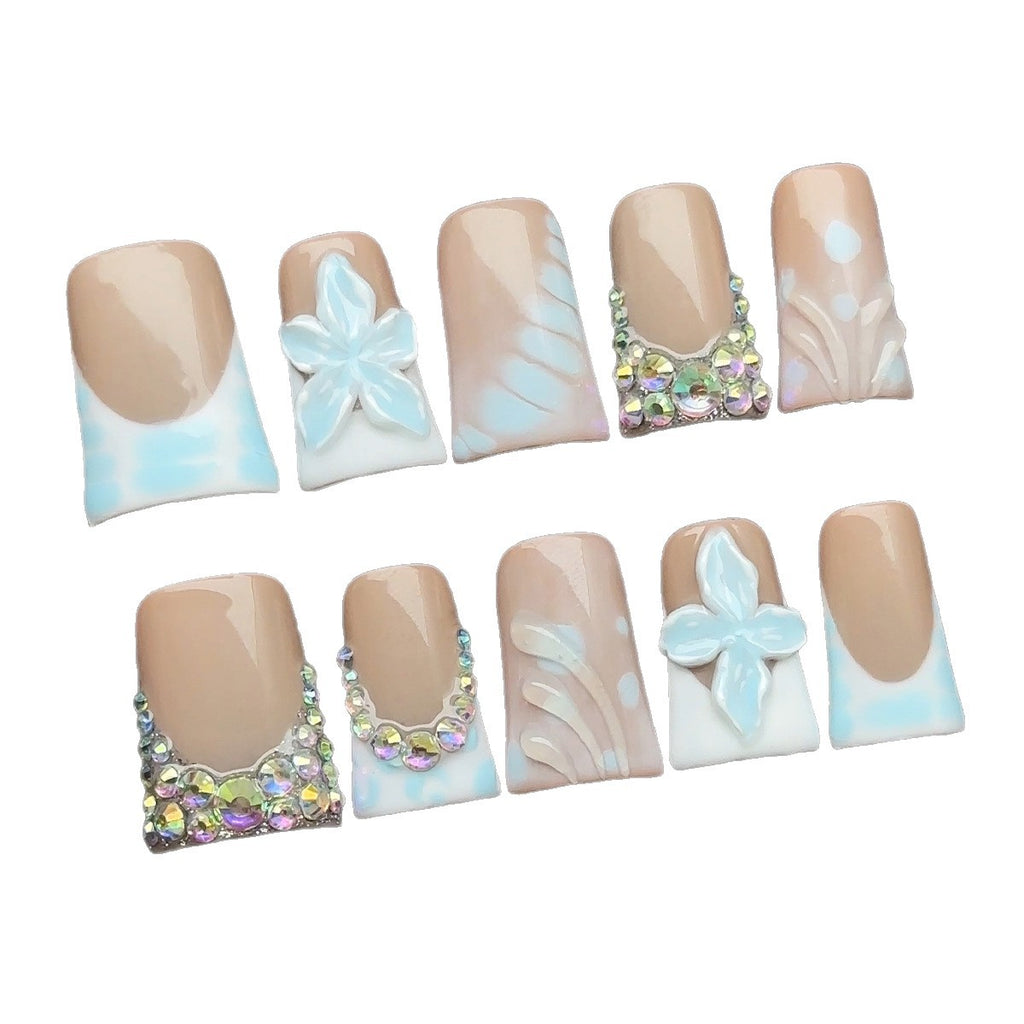 Soft Blue French Tip Press On Nails | 3D Flower Rhinestone False Nails