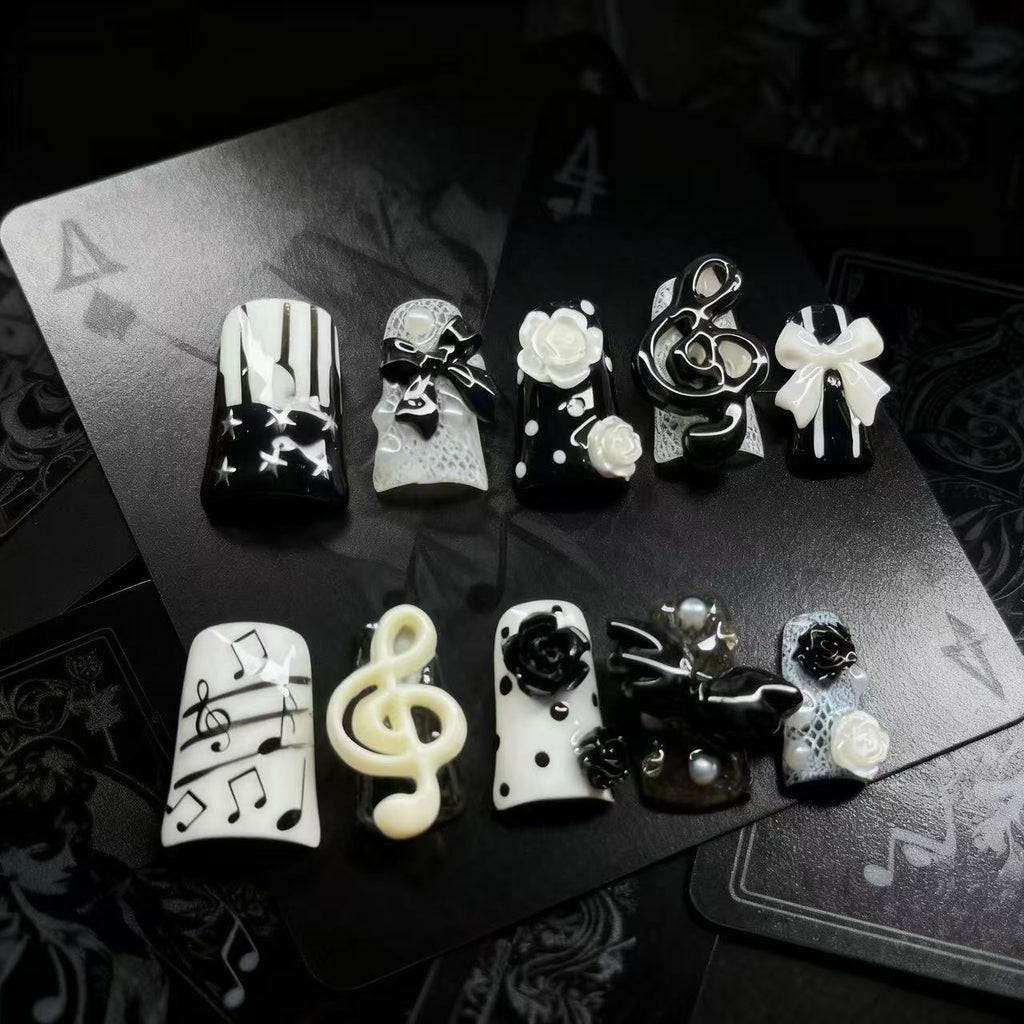 Gothic Music Note Press On Nails | Black White 3D Rose Bow False Nails