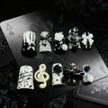 Gothic Music Note Press On Nails | Black White 3D Rose Bow False Nails