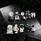 Gothic Music Note Press On Nails | Black White 3D Rose Bow False Nails