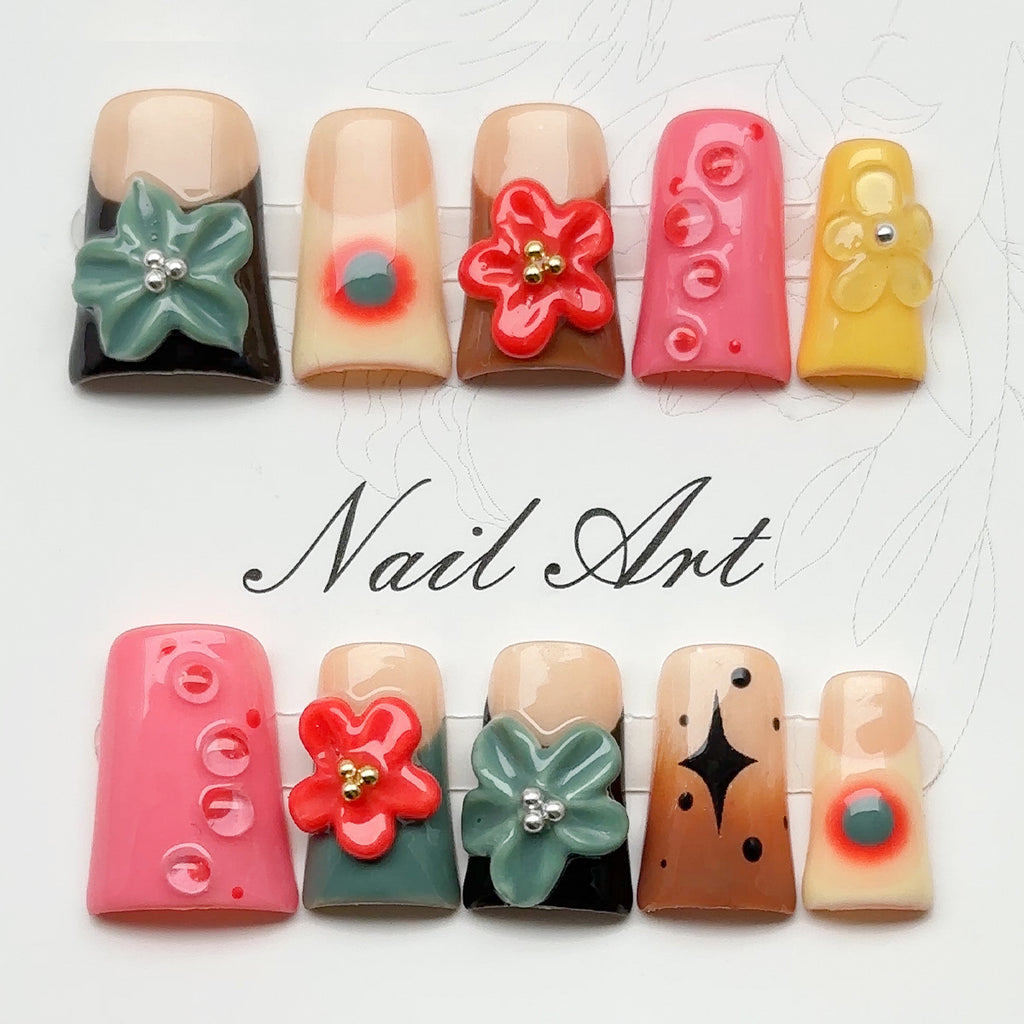 Retro 3D Multicolor Flower Press On Nails | Short Square Bubble False Nails