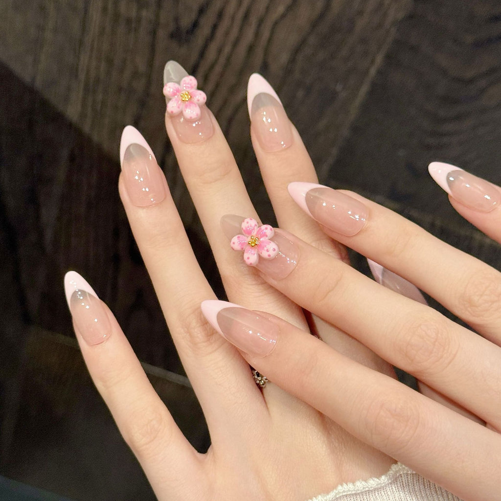 Pink French Tip Press On Nails 3D Cherry Blossom Flower Nude Almond Handmade Fake Nails