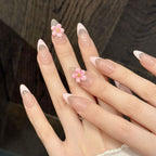 Pink French Tip Press On Nails 3D Cherry Blossom Flower Nude Almond Handmade Fake Nails