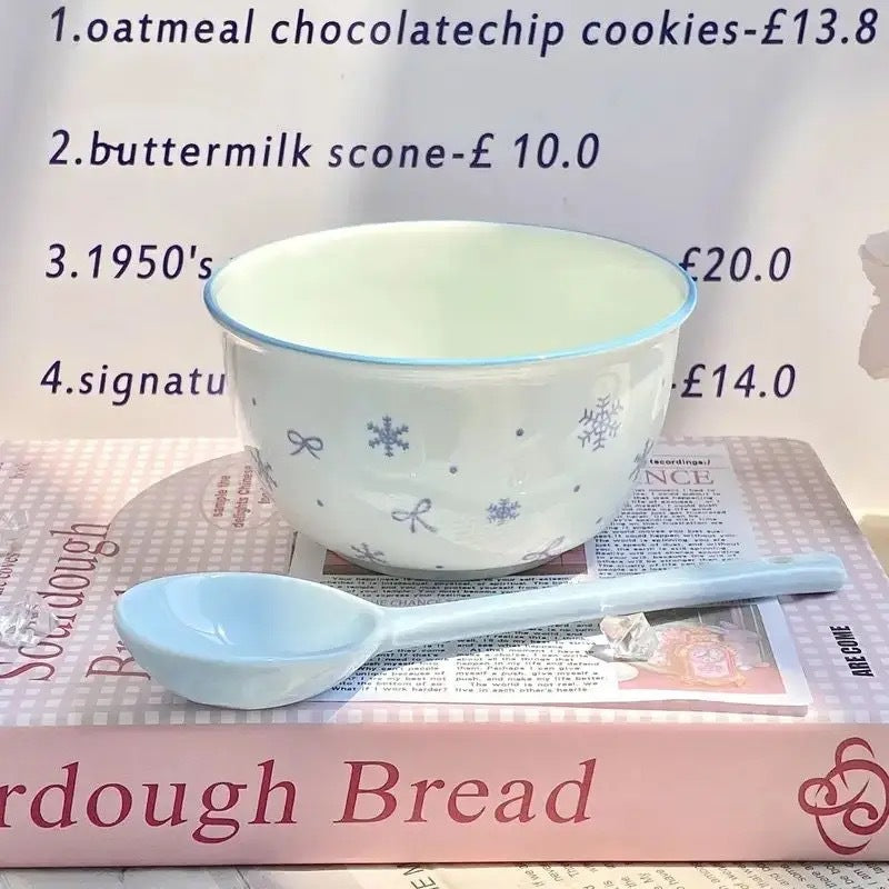 Bibo Winter Snowflake & Bow Ceramic Tableware Set | Cute Blue Scalloped Rim Bowl Plate Spoon Gift Set