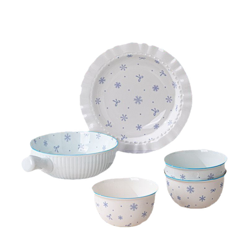 Bibo Winter Snowflake & Bow Ceramic Tableware Set | Cute Blue Scalloped Rim Bowl Plate Spoon Gift Set