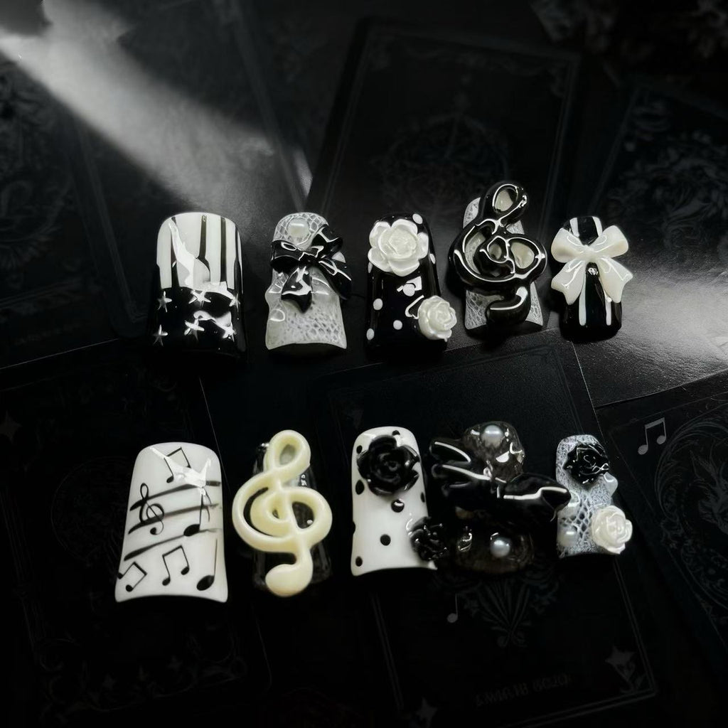 Gothic Music Note Press On Nails | Black White 3D Rose Bow False Nails