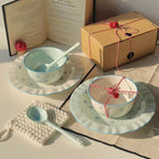 Bibo Winter Snowflake & Bow Ceramic Tableware Set | Cute Blue Scalloped Rim Bowl Plate Spoon Gift Set