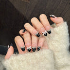 Retro Polka Dot Press On Nails | Pink Bow Rhinestone Long Oval False Nails