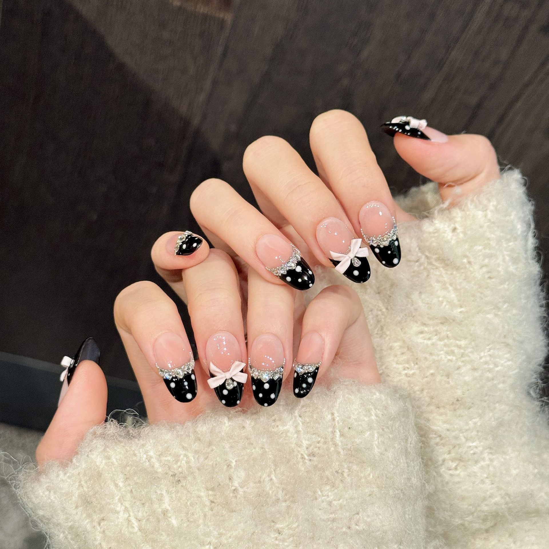 Retro Polka Dot Press On Nails | Pink Bow Rhinestone Long Oval False Nails