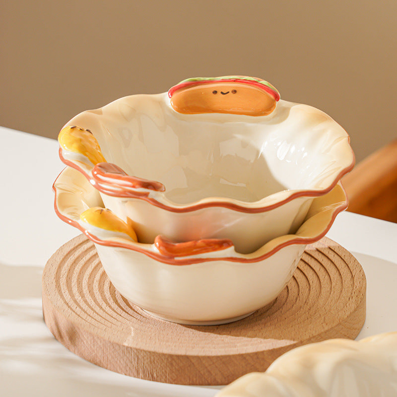 Cute Fast Food 3D Relief Ceramic Tableware Set | Hot Dog Fried Chicken Shaped Bowl Plate Spoon Dinnerware Gift Set