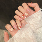 Sweet 3D Strawberry Flower Press On Nails | Pink Aurora Short Oval False Nails