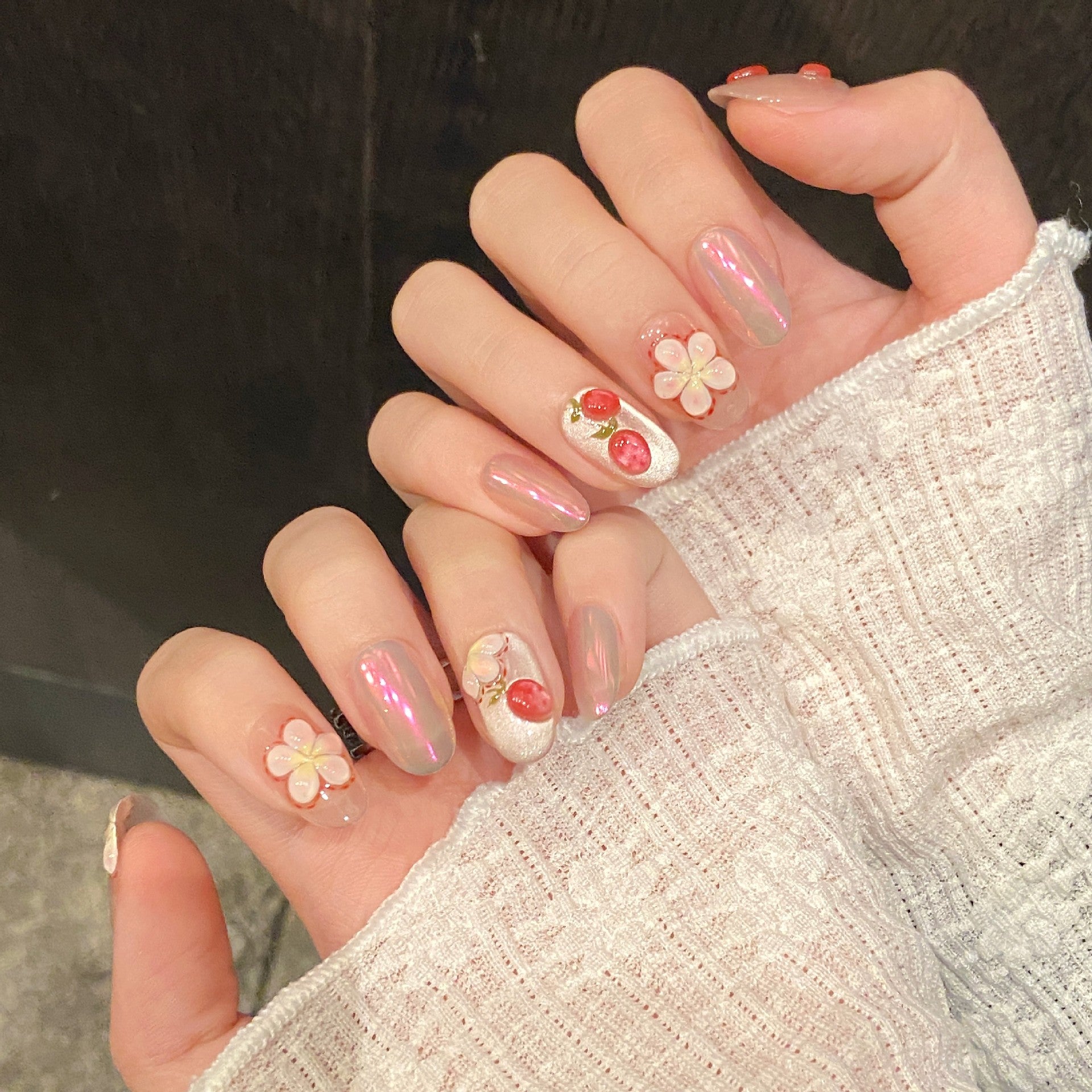 Sweet 3D Strawberry Flower Press On Nails | Pink Aurora Short Oval False Nails