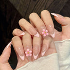Pink French Tip Press On Nails 3D Cherry Blossom Flower Nude Almond Handmade Fake Nails