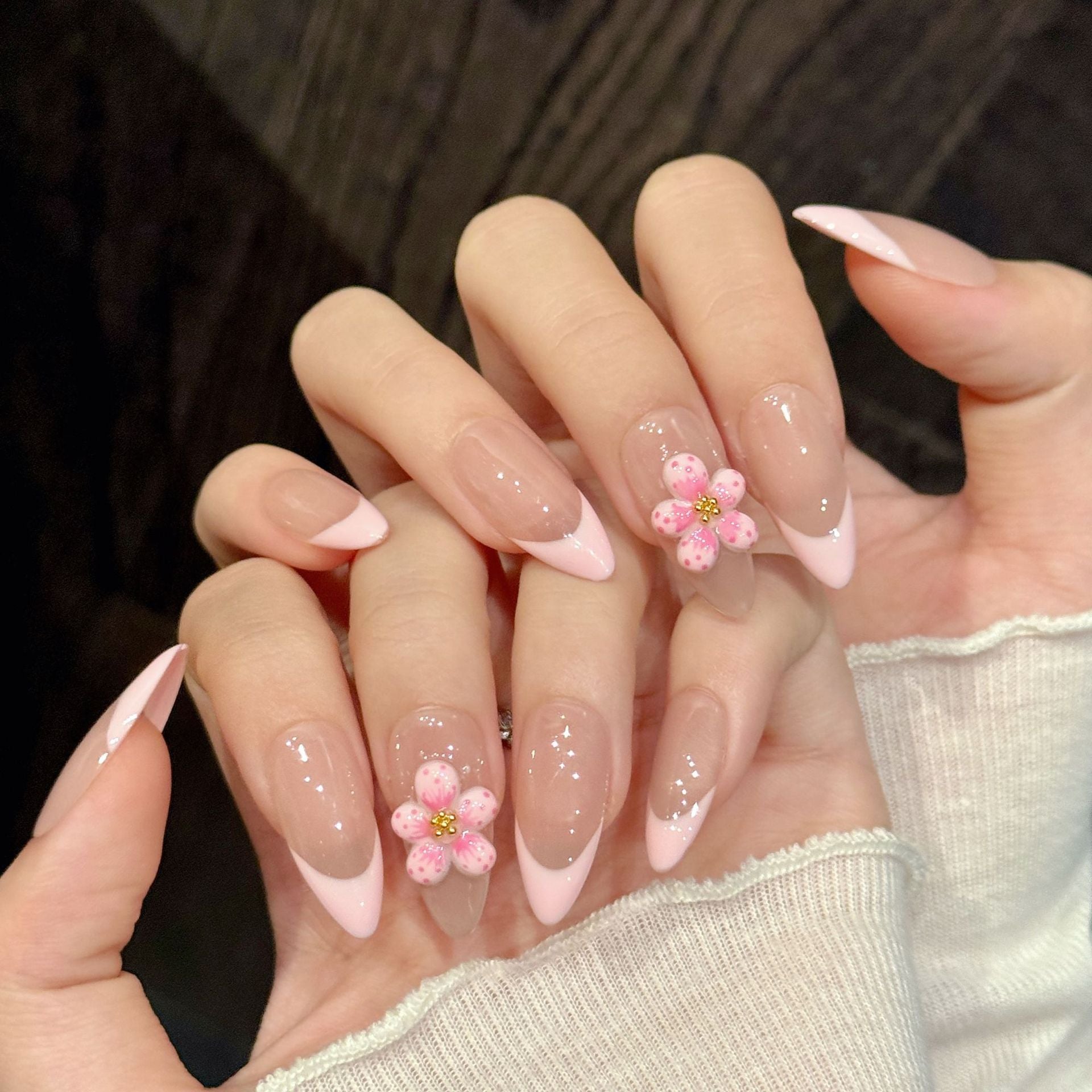 Pink French Tip Press On Nails 3D Cherry Blossom Flower Nude Almond Handmade Fake Nails