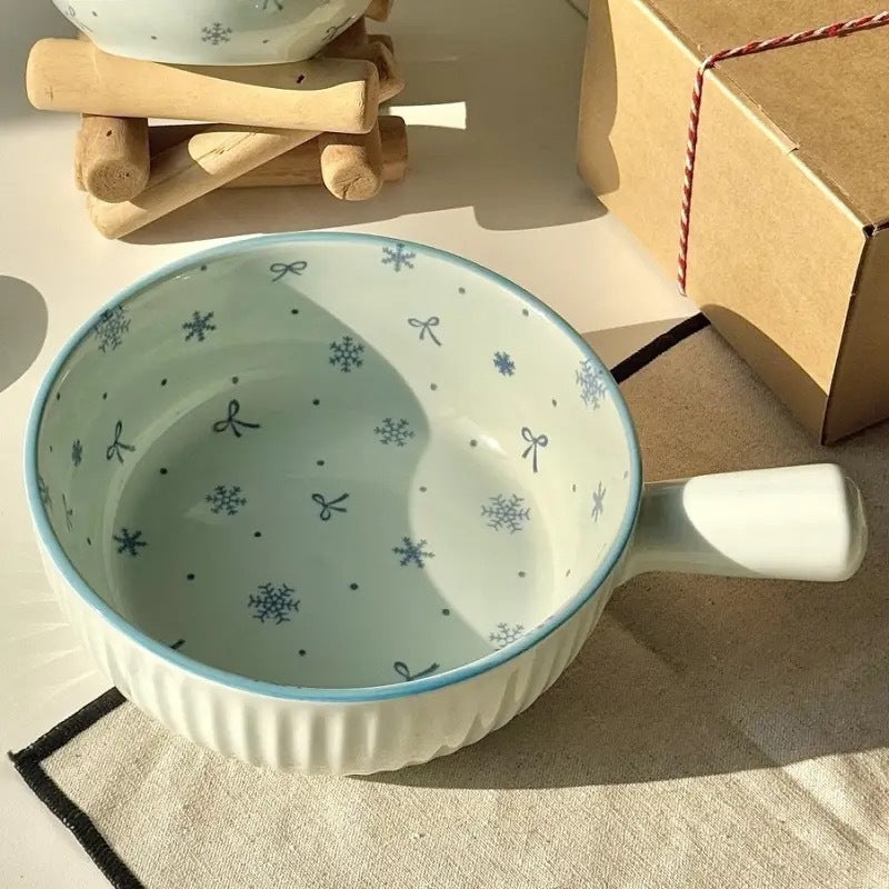 Bibo Winter Snowflake & Bow Ceramic Tableware Set | Cute Blue Scalloped Rim Bowl Plate Spoon Gift Set