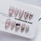 Y2K Pink Heart Press On Nails | 3D Rhinestone Bow Short Square False Nails