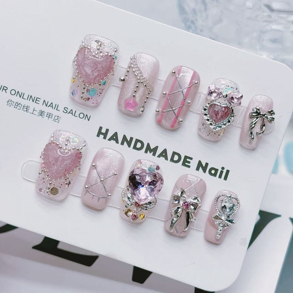 Y2K Pink Heart Press On Nails | 3D Rhinestone Bow Short Square False Nails