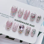 Y2K Pink Heart Press On Nails | 3D Rhinestone Bow Short Square False Nails