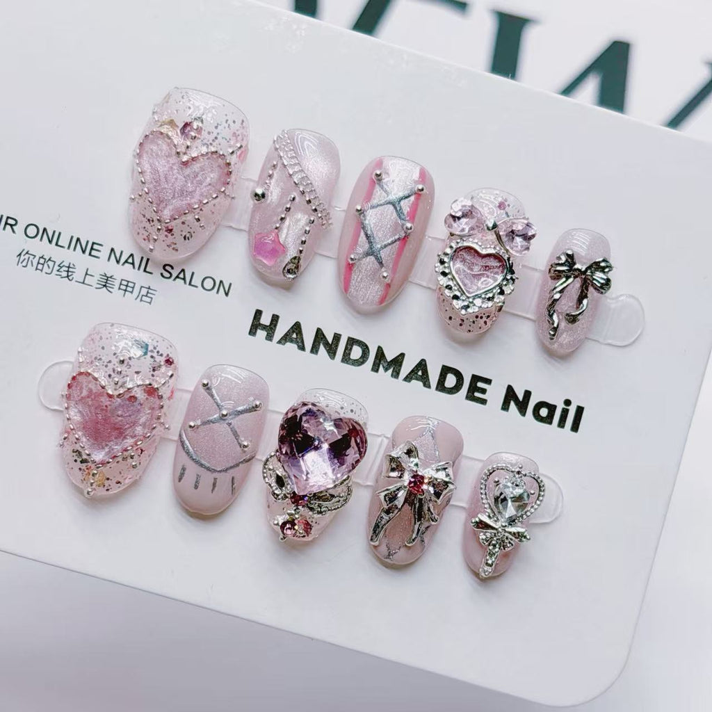 Y2K Pink Heart Press On Nails | 3D Rhinestone Bow Short Square False Nails