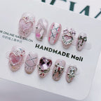 Y2K Pink Heart Press On Nails | 3D Rhinestone Bow Short Square False Nails