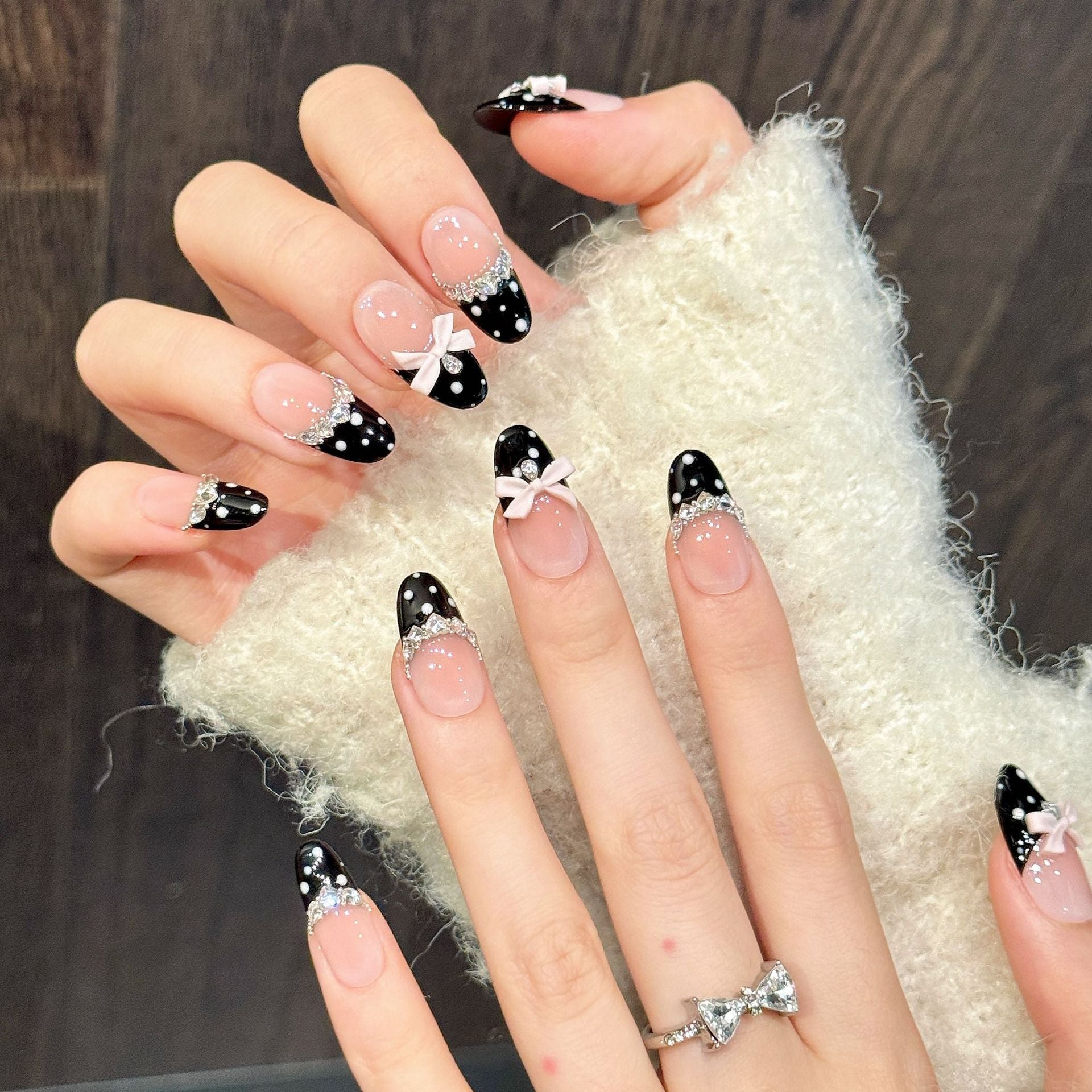 Retro Polka Dot Press On Nails | Pink Bow Rhinestone Long Oval False Nails