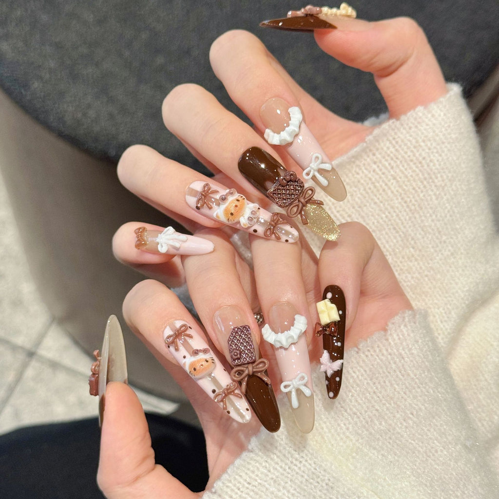 Cute 3D Kitty Bow Press On Nails | Brown Latte Long Almond False Nails