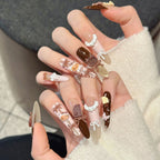 Cute 3D Kitty Bow Press On Nails | Brown Latte Long Almond False Nails