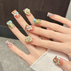 Luxury Baroque Cross Press On Nails | Peach Leopard Rhinestone 3D Flower False Nails