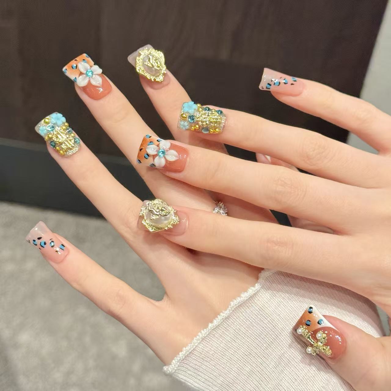 Luxury Baroque Cross Press On Nails | Peach Leopard Rhinestone 3D Flower False Nails